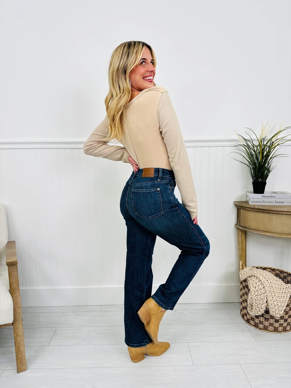 High-Rise Straight Leg Jeans in Medium Blue Denim